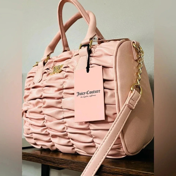 Juicy Couture Pink Run The World Satchel Ruched Faux Leather Gold Hardware NWT - Picture 3 of 5